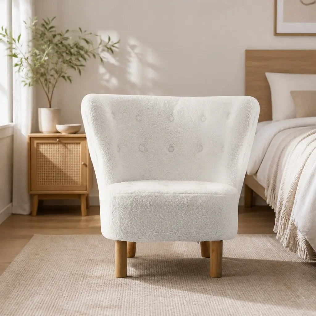 White Armchair Lounge Accent Chair High-Back Sherpa Fabric Bedroom Relaxation