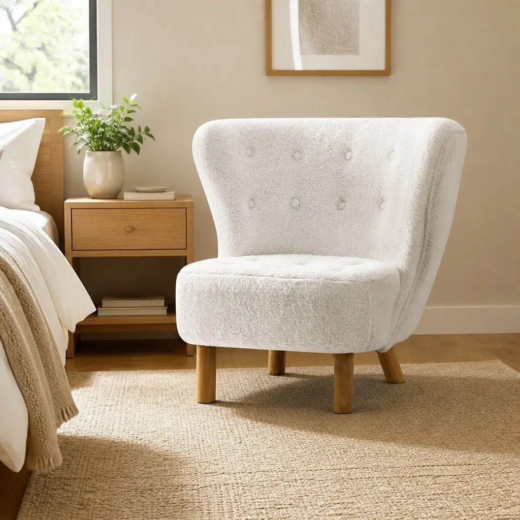White Armchair Lounge Accent Chair High-Back Sherpa Fabric Bedroom Relaxation