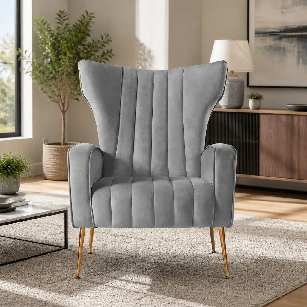 Grey Velvet Armchair High Back Extra Wide Seat with Splayed Metal Legs for