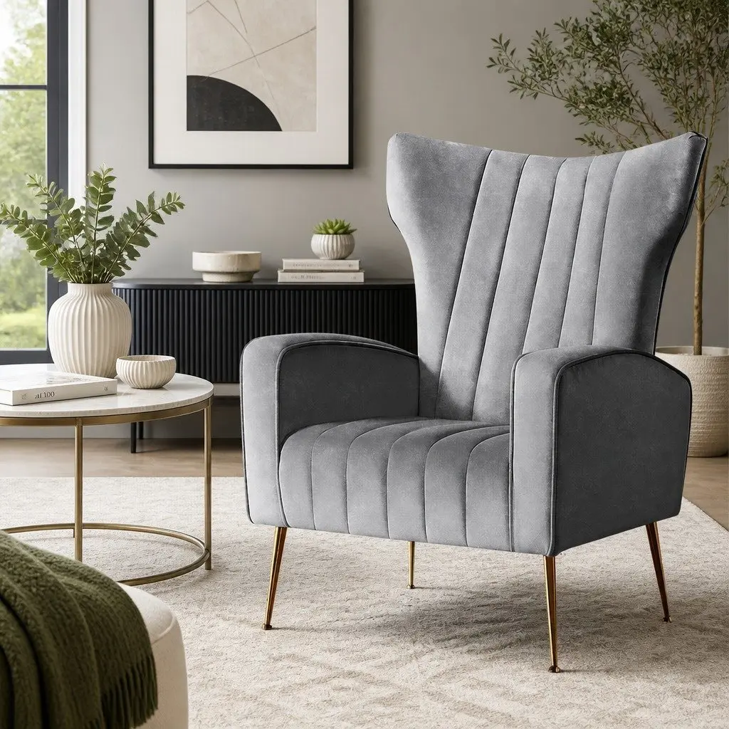 Grey Velvet Armchair High Back Extra Wide Seat with Splayed Metal Legs for