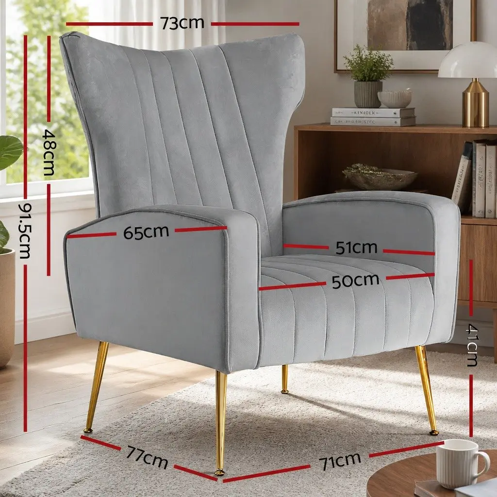 Grey Velvet Armchair High Back Extra Wide Seat with Splayed Metal Legs for