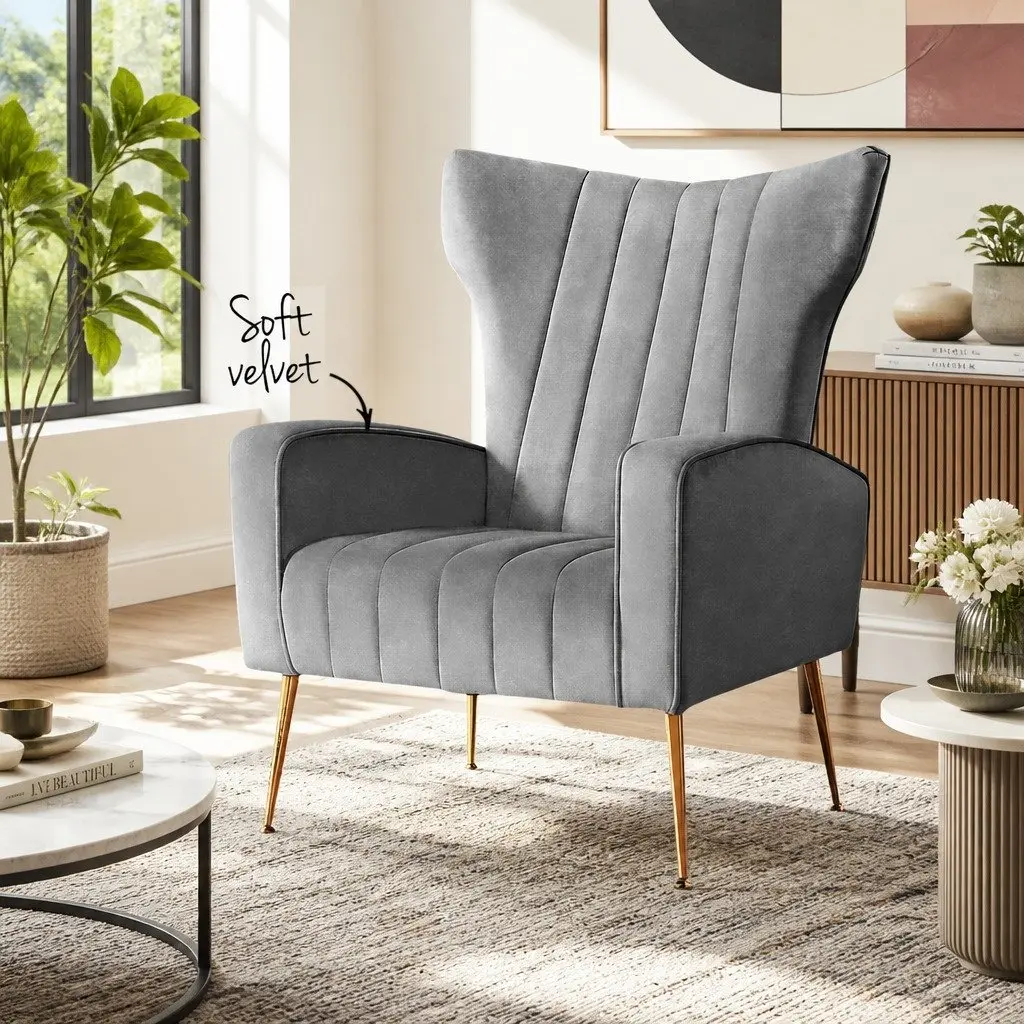 Grey Velvet Armchair High Back Extra Wide Seat with Splayed Metal Legs for