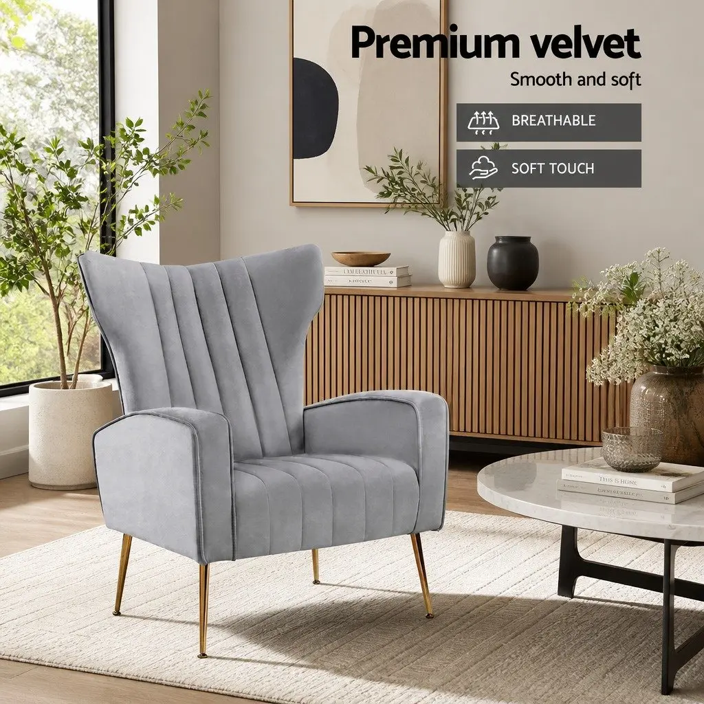 Grey Velvet Armchair High Back Extra Wide Seat with Splayed Metal Legs for