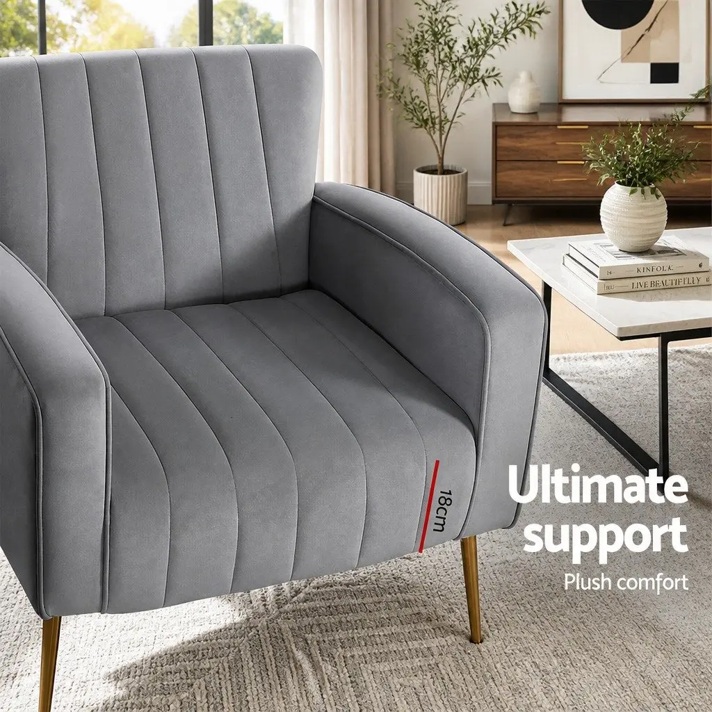 Grey Velvet Armchair High Back Extra Wide Seat with Splayed Metal Legs for