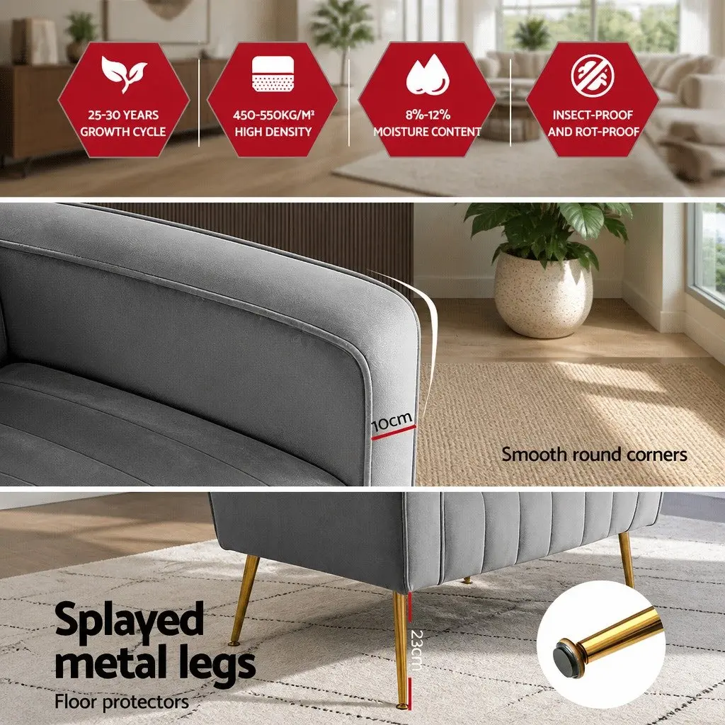 Grey Velvet Armchair High Back Extra Wide Seat with Splayed Metal Legs for