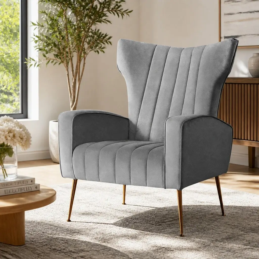 Grey Velvet Armchair High Back Extra Wide Seat with Splayed Metal Legs for