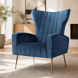 Navy Velvet High Back Armchair with Thick Padding