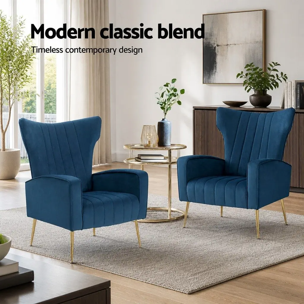 Armchair Navy Velvet High Back Extra Wide Seat Wooden Frame Golden Legs