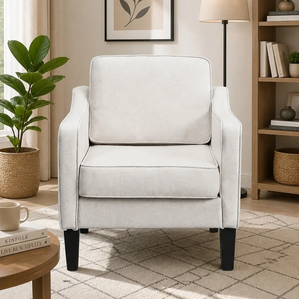 Armchair White Linen Fabric Curved Armrest Extra-Thick Cushion
