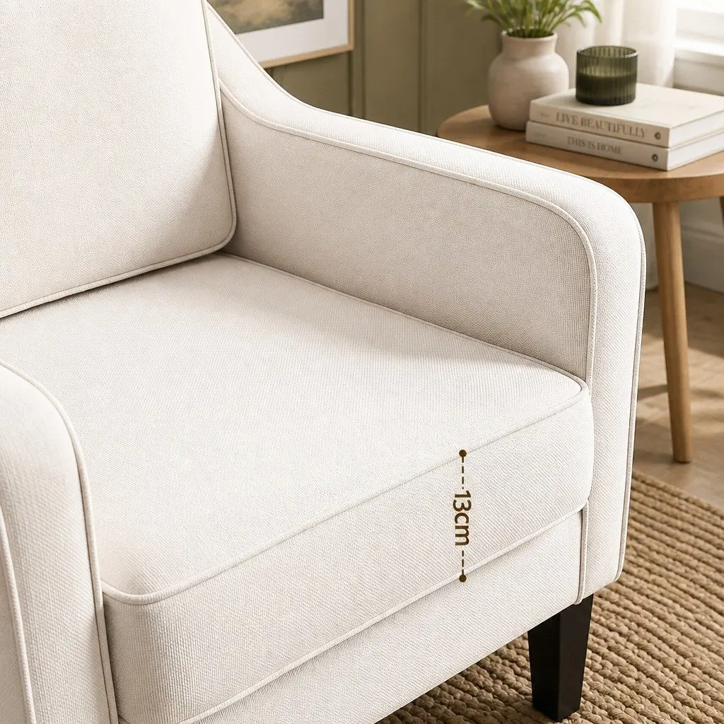 Armchair White Linen Fabric Curved Armrest Extra-Thick Cushion