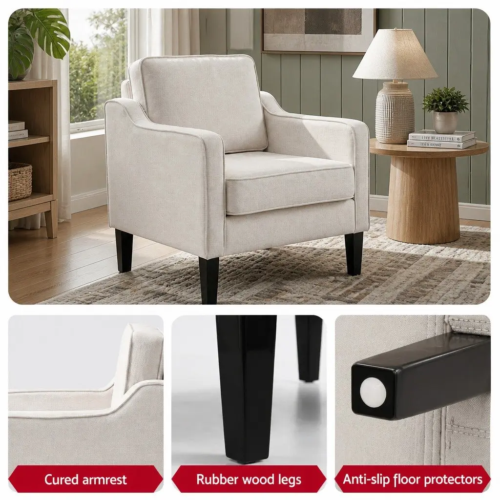Armchair White Linen Fabric Curved Armrest Extra-Thick Cushion