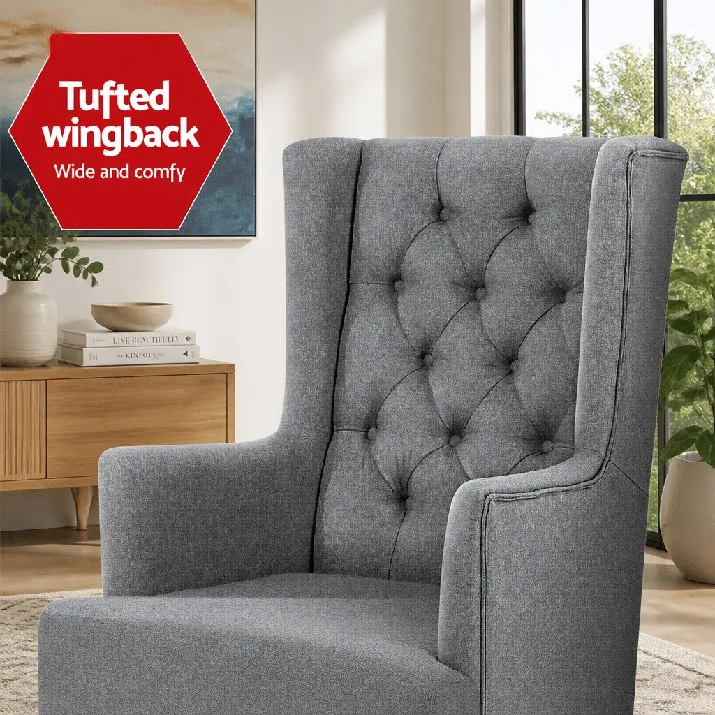 Grey Rocking Chair Armchair Convertible Linen Fabric Wingback Accent Nursing