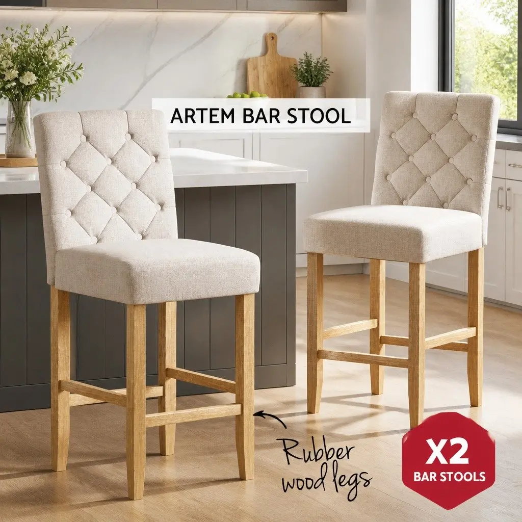 Bar Stools Linen Upholstered Chairs Set of 2 Tufted Button High Backrest