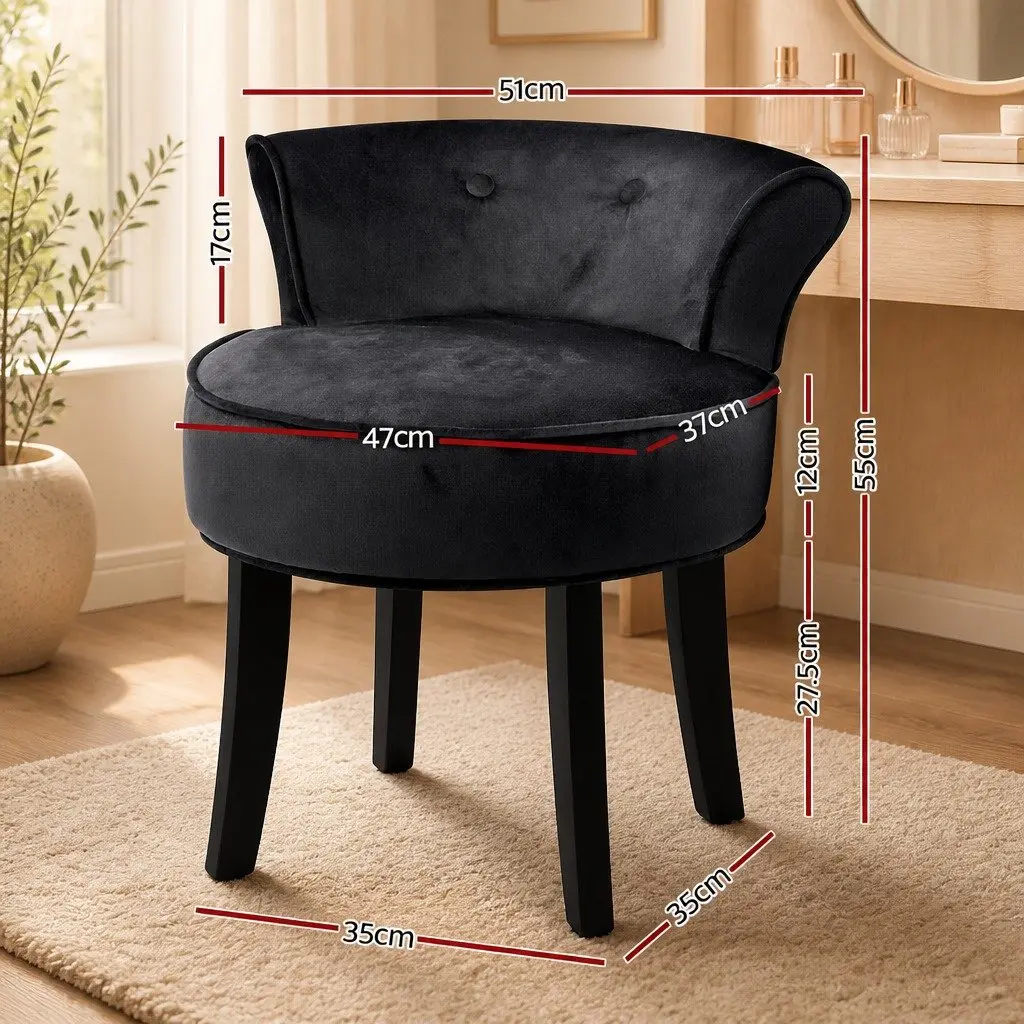 Vanity Stool Black Velvet Button Tufted Backrest Padded Foam Seat