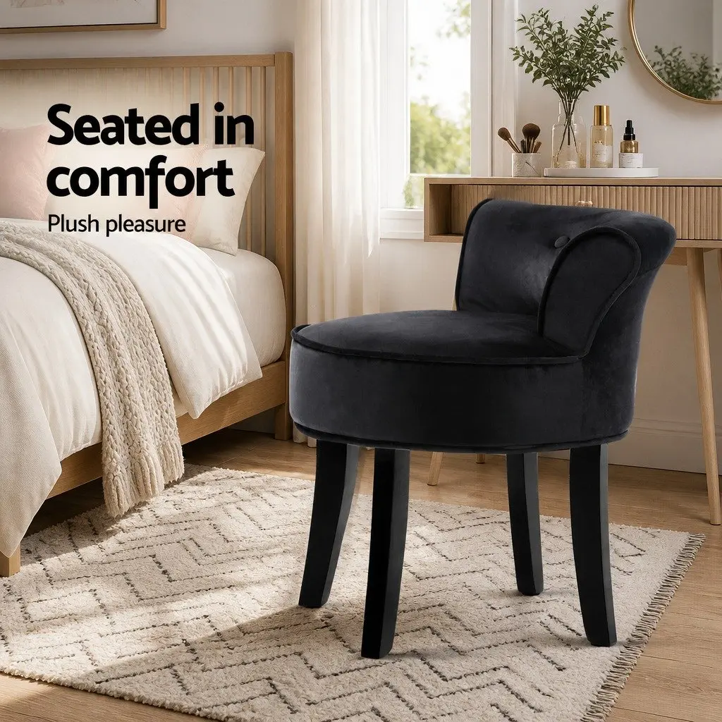 Vanity Stool Black Velvet Button Tufted Backrest Padded Foam Seat