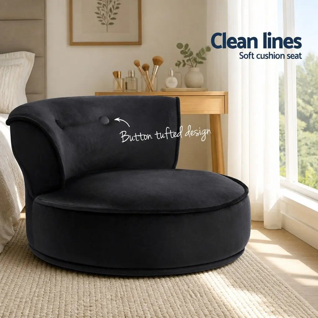Vanity Stool Black Velvet Button Tufted Backrest Padded Foam Seat