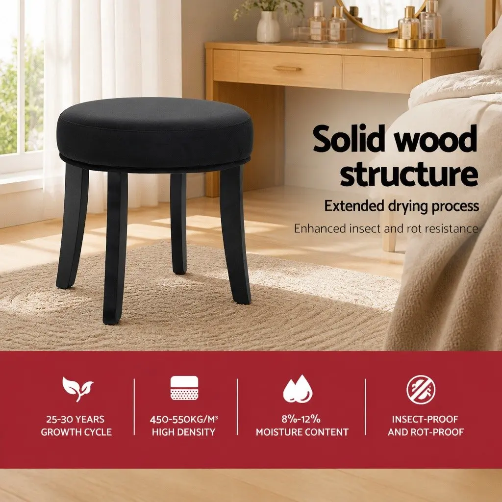 Vanity Stool Black Velvet Button Tufted Backrest Padded Foam Seat