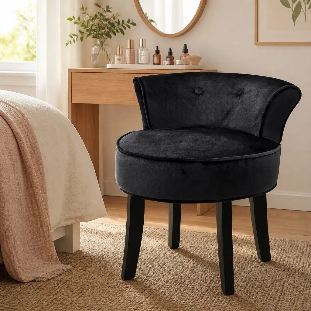 Vanity Stool Black Velvet Button Tufted Backrest Padded Foam Seat