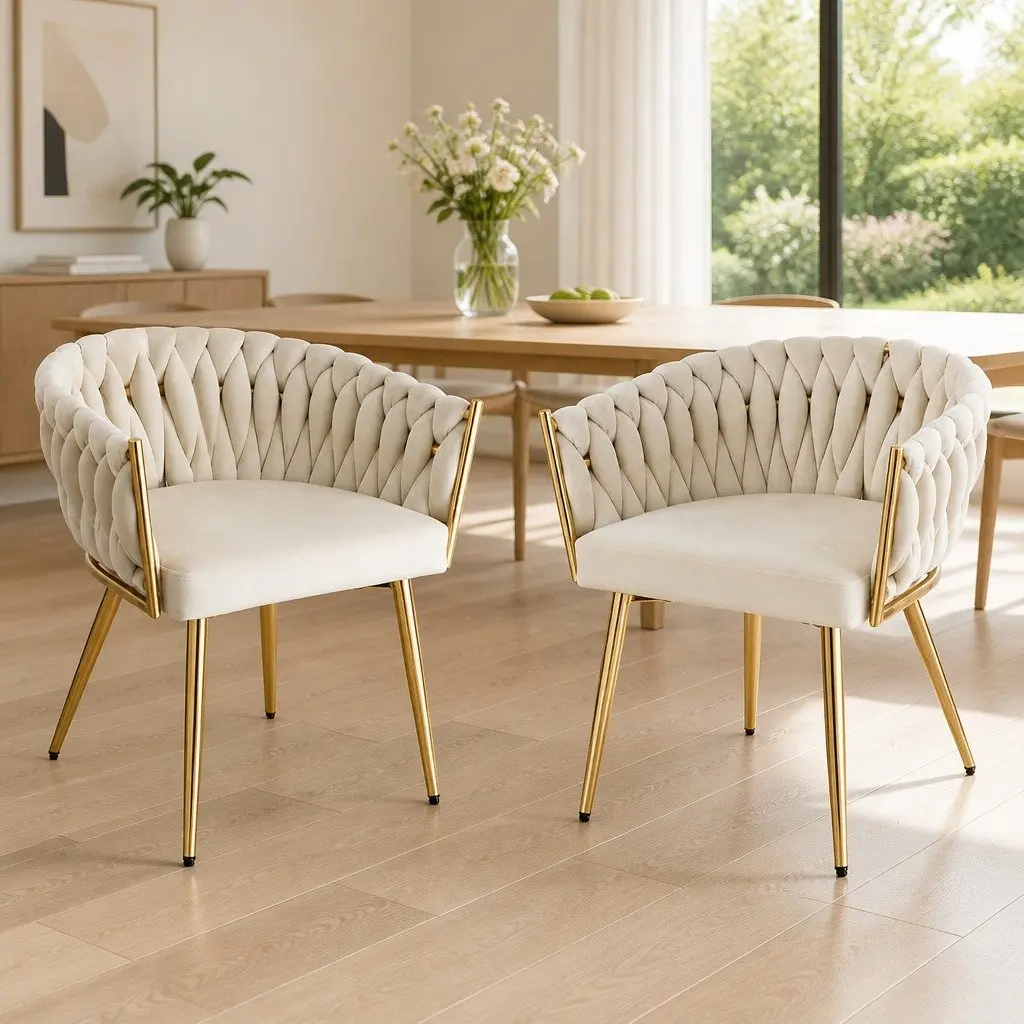 Dining Chairs Beige 2 Piece Velvet Armchair with Steel Legs