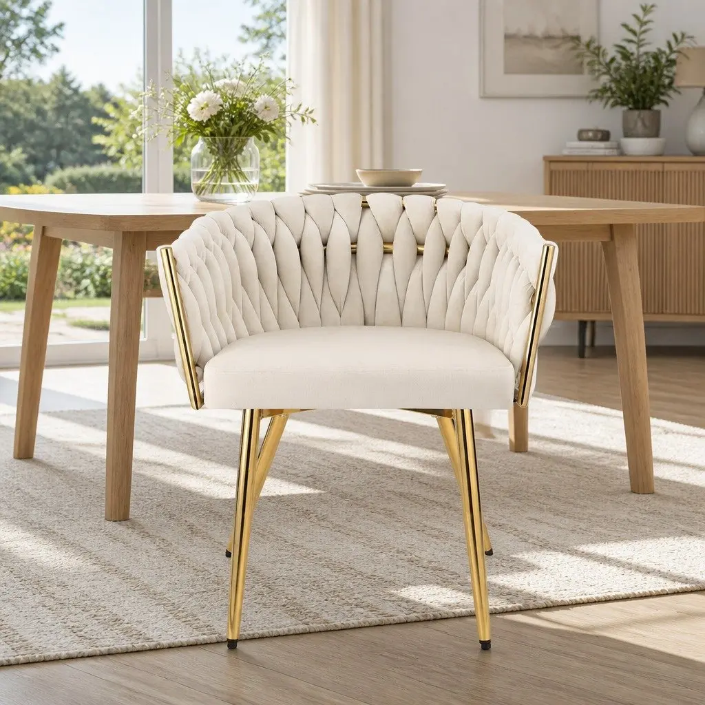 Dining Chairs Beige 2 Piece Velvet Armchair with Steel Legs