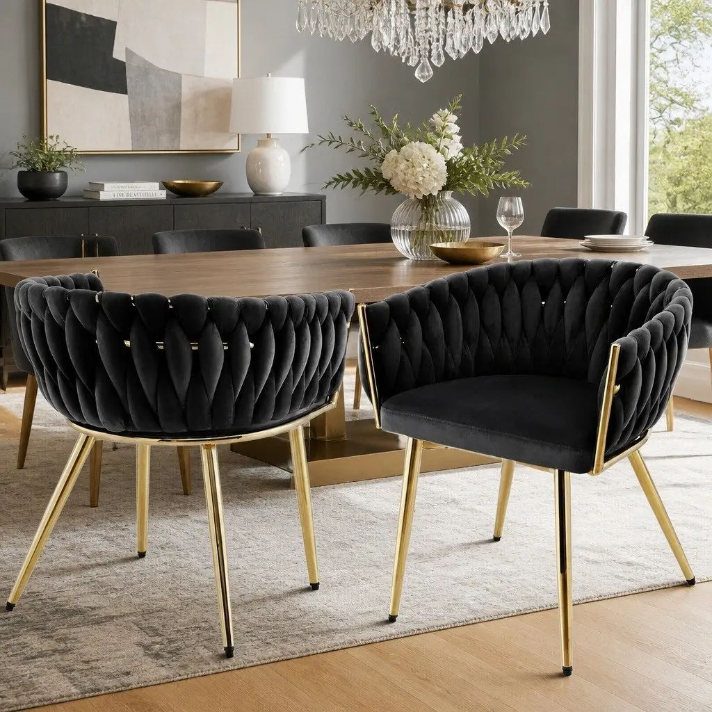 Dining Chairs Black Velvet 2 Piece Cushioned Armchair
