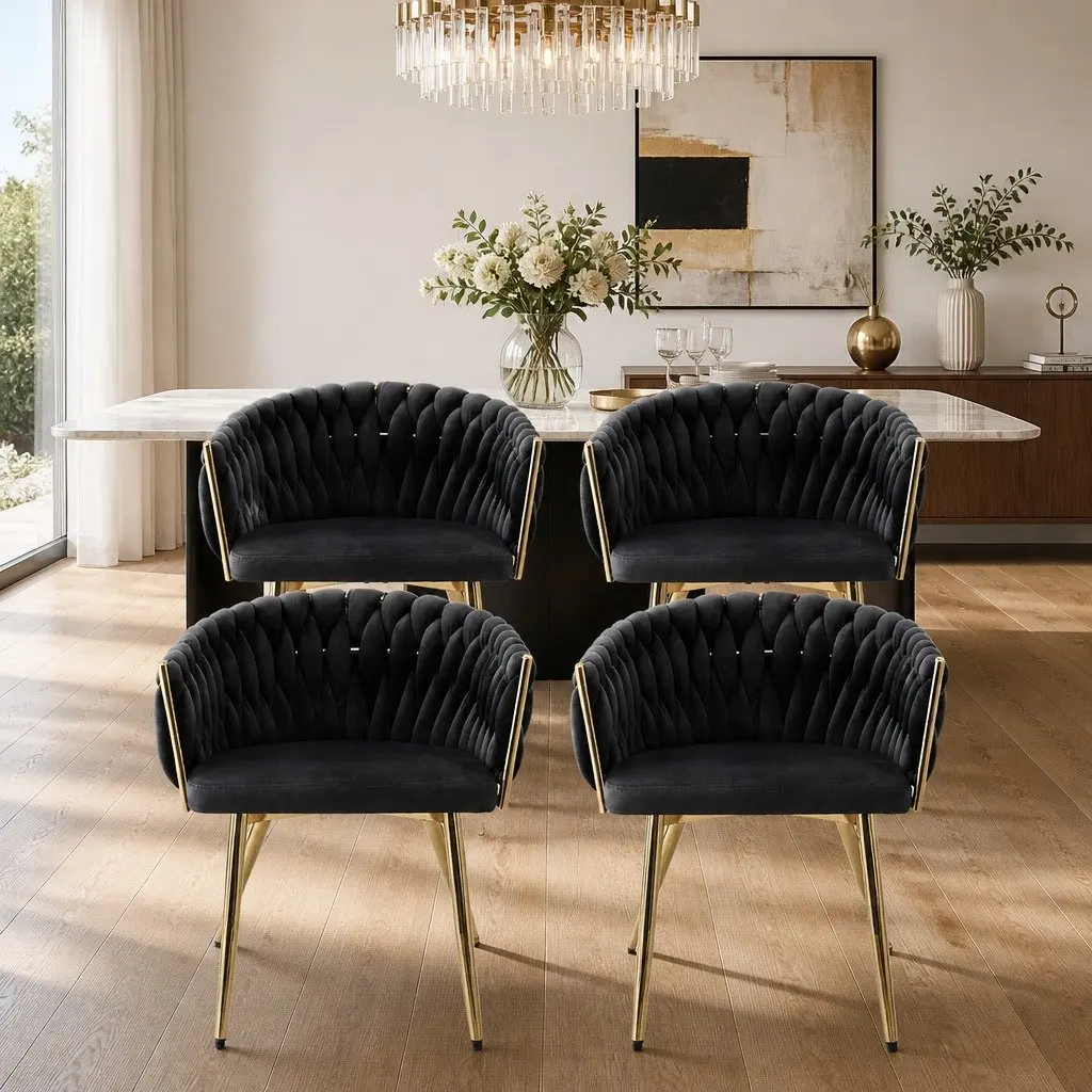 Dining Chairs Black Velvet Set of 4 Cushioned Armrests