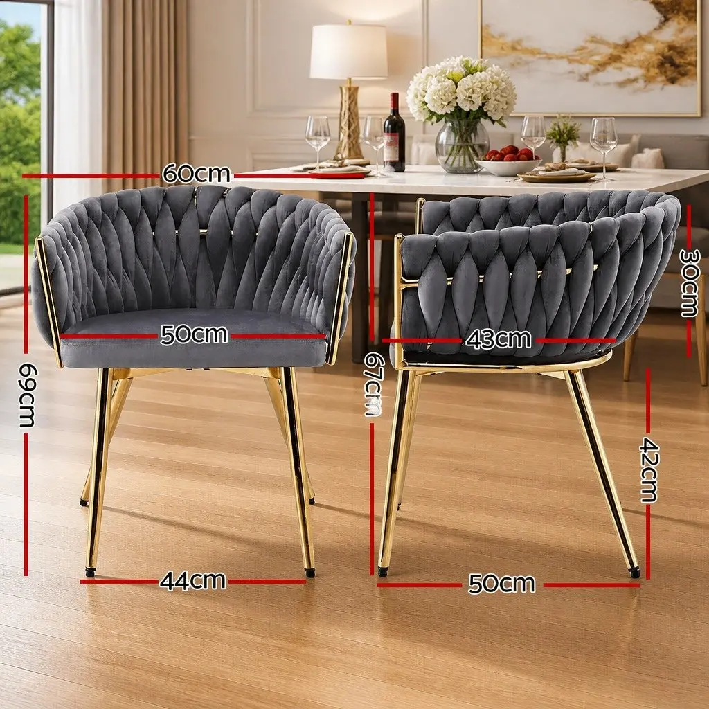 Dining Chairs Grey Velvet 2 Piece Armchair with Cushioned Back Support and Steel Legs