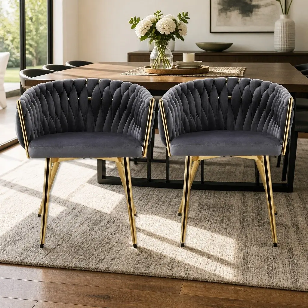 Dining Chairs Grey Velvet 2 Piece Armchair with Cushioned Back Support and Steel Legs
