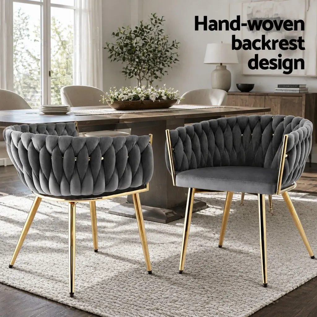 Dining Chairs Grey Velvet 2 Piece Armchair with Cushioned Back Support and Steel Legs