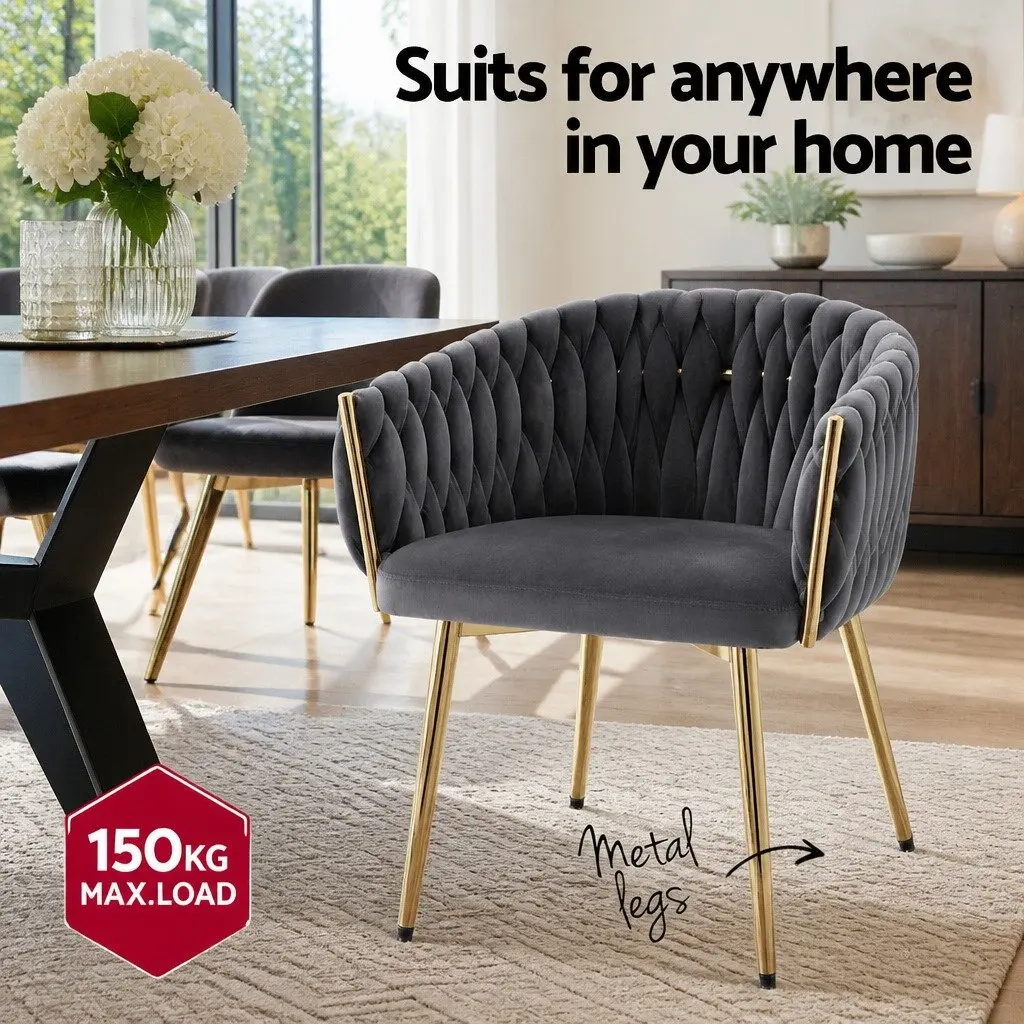 Dining Chairs Grey Velvet 2 Piece Armchair with Cushioned Back Support and Steel Legs