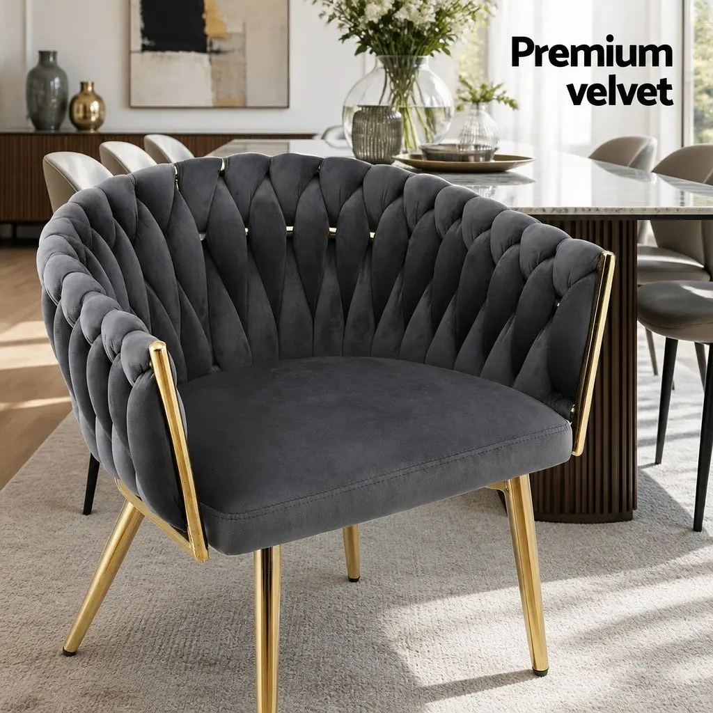Dining Chairs Grey Velvet 2 Piece Armchair with Cushioned Back Support and Steel Legs