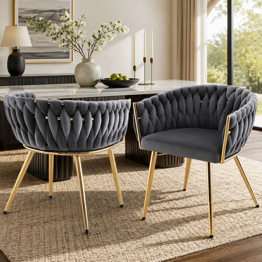Dining Chairs Grey Velvet 2 Piece Armchair with Cushioned Back Support and Steel Legs