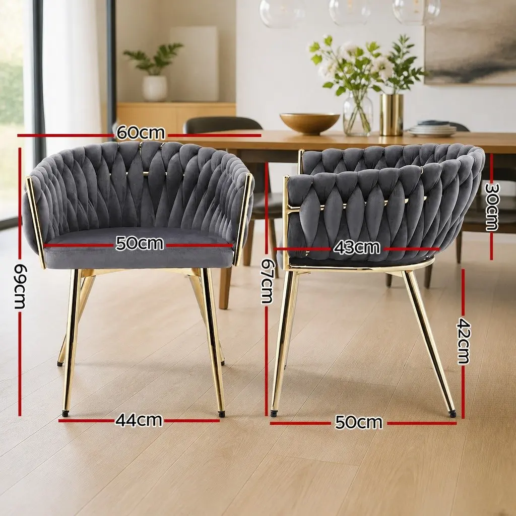 Dining Chairs Grey Velvet Set of 4 Cushioned Armrest with Steel Legs