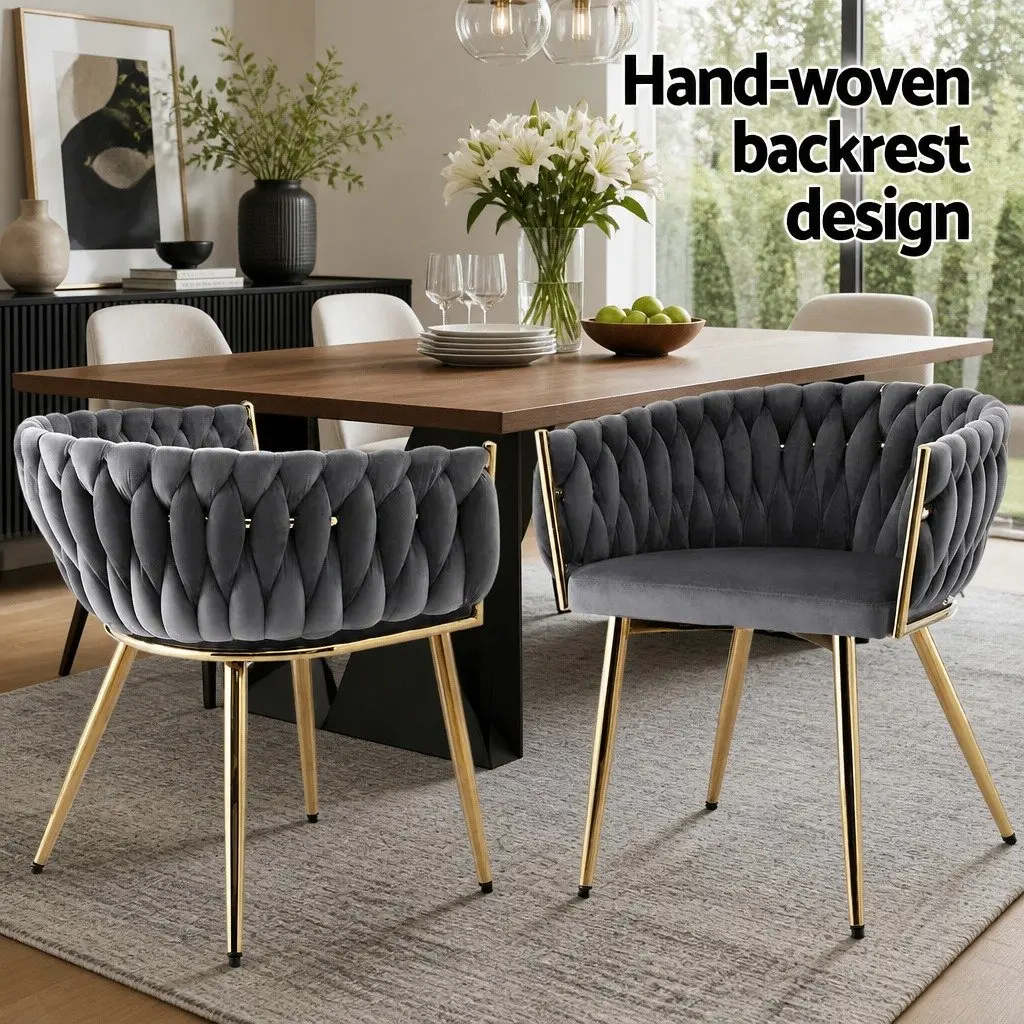 Dining Chairs Grey Velvet Set of 4 Cushioned Armrest with Steel Legs