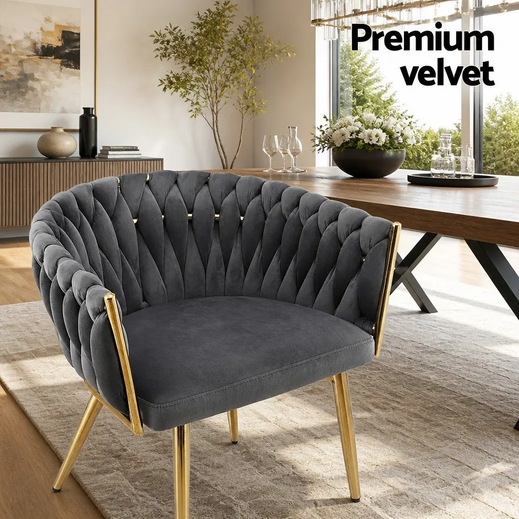 Dining Chairs Grey Velvet Set of 4 Cushioned Armrest with Steel Legs