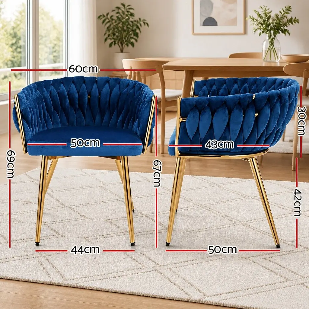 Dining Armchair Blue Velvet Upholstered Hand-Woven Backrest