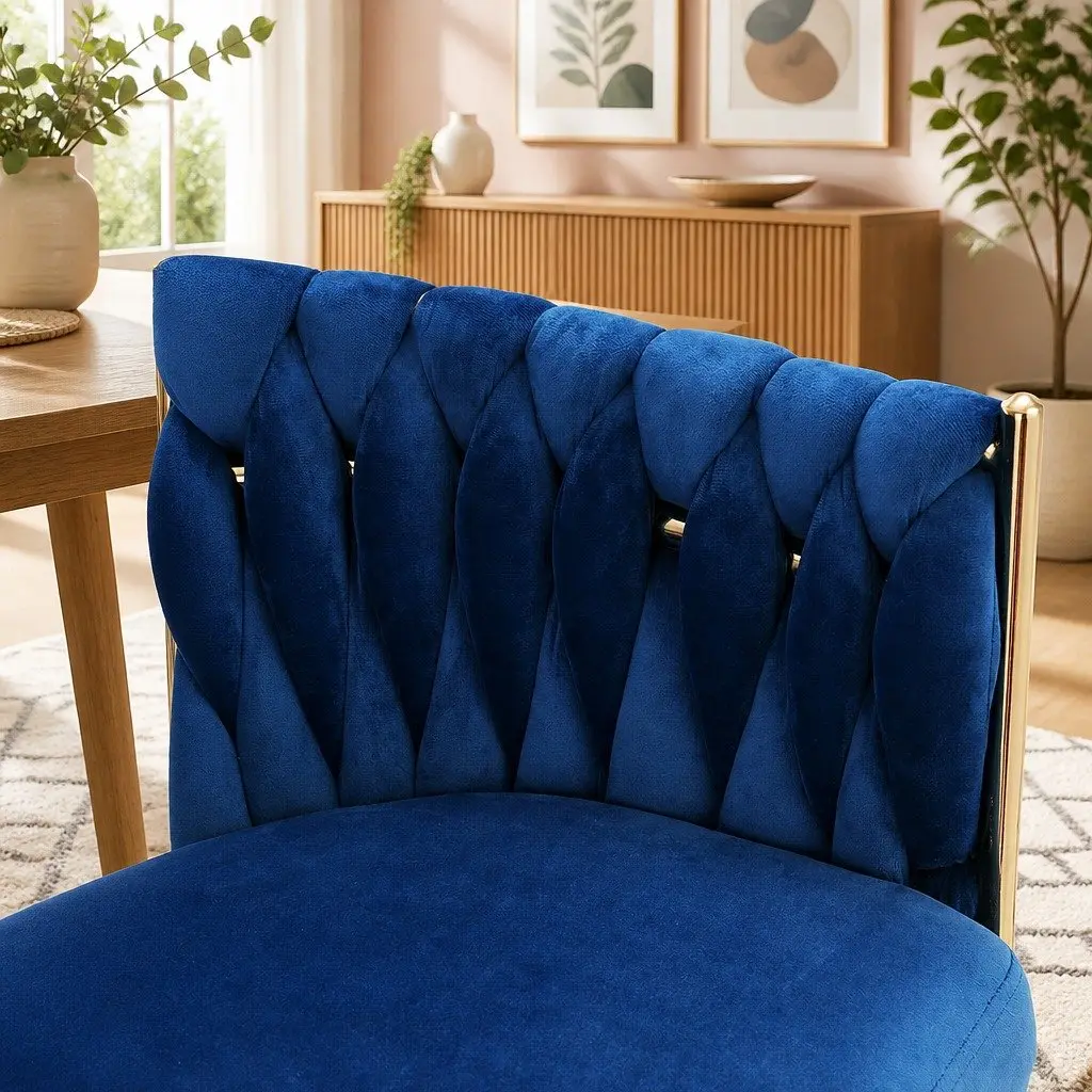 Dining Armchair Blue Velvet Upholstered Hand-Woven Backrest