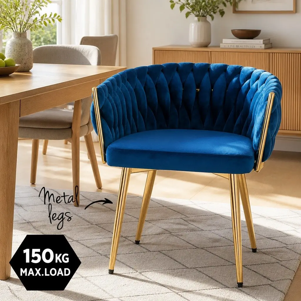 Dining Armchair Blue Velvet Upholstered Hand-Woven Backrest