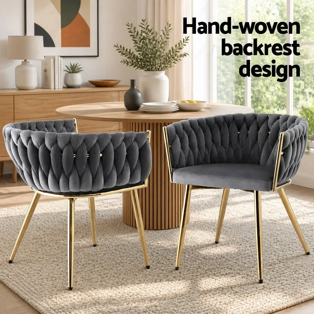 Dining Chair Grey Velvet Armchair Cushioned Back Support with Hand-Woven Backrest