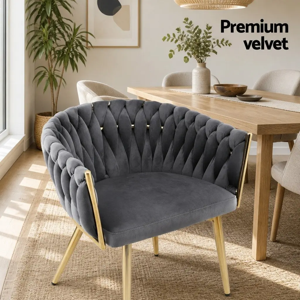 Dining Chair Grey Velvet Armchair Cushioned Back Support with Hand-Woven Backrest