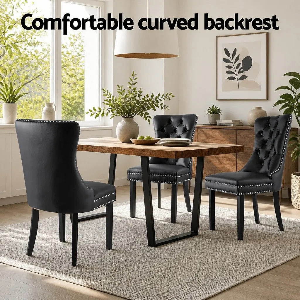 Dining Chairs Set of 2 Black Leather Button Tufted Kitchen Seating Furniture