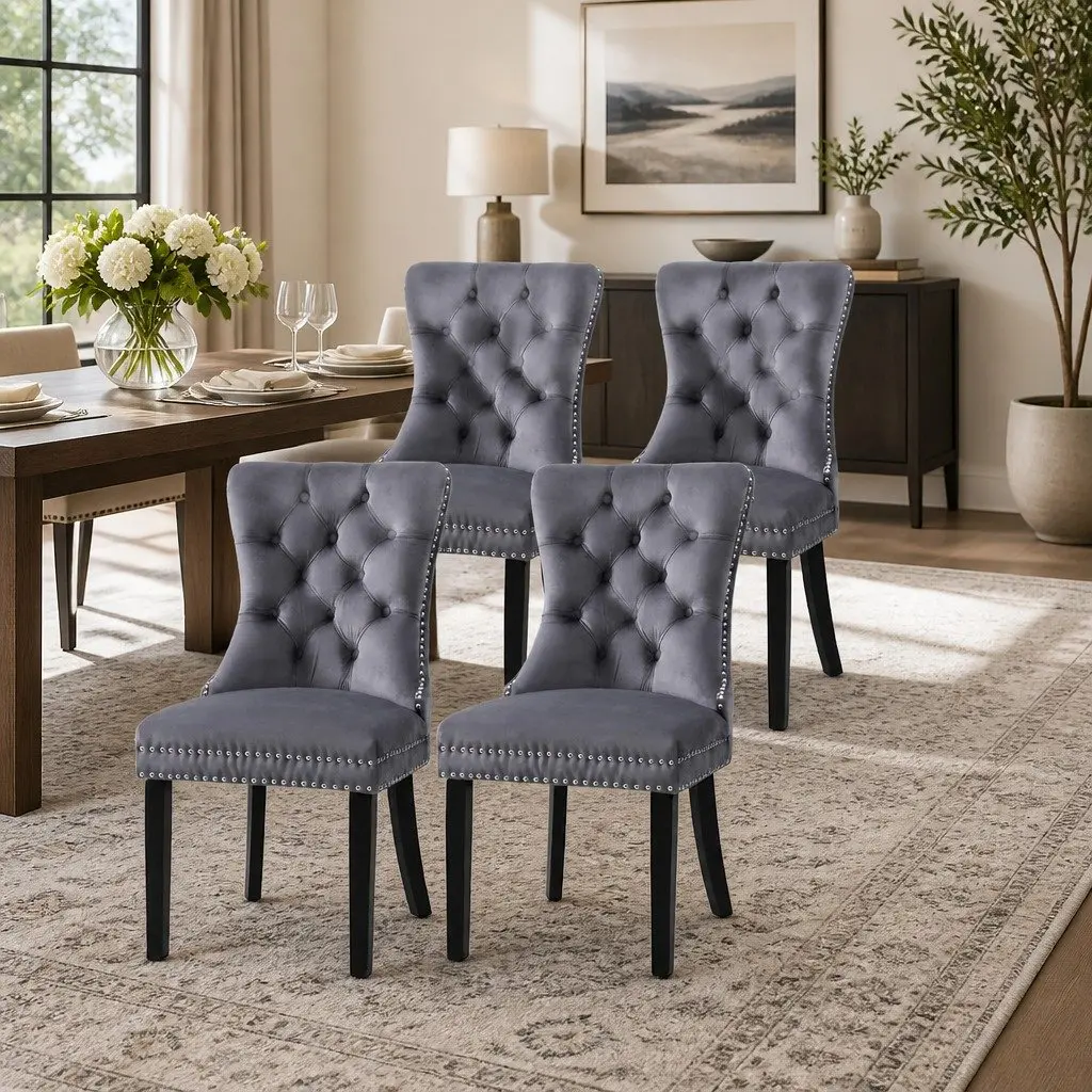 Dining Chairs Grey Velvet 4 Piece Button Tufted Cushioned Back Support