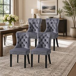 Comfortable Set of 4 Grey Velvet Dining Chairs