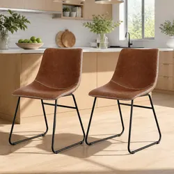 Concise Retro Dining Chairs in Brown PU Leather x2