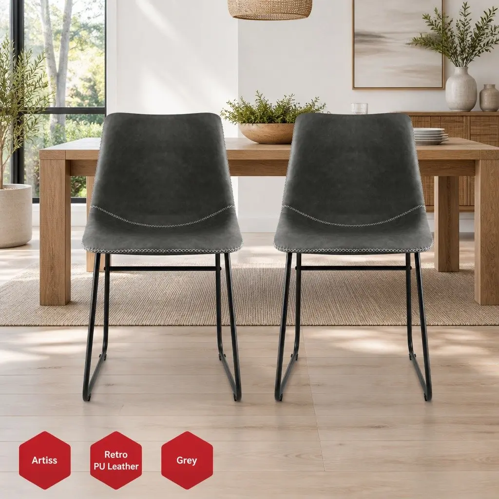 Dining Chairs Grey PU Leather Ergonomic Curved Backrest Padded Seat 2 Piece Set