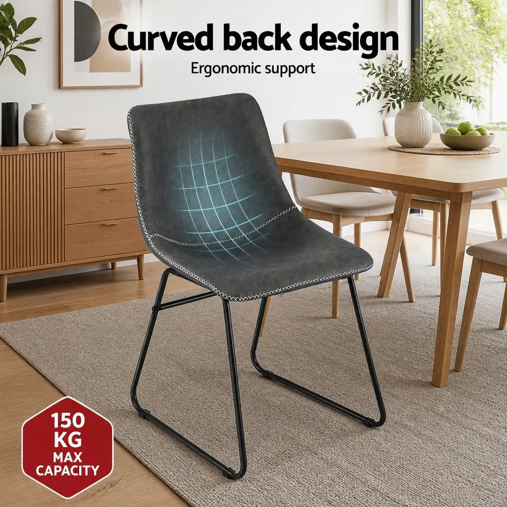 Dining Chairs Grey PU Leather Ergonomic Curved Backrest Padded Seat 2 Piece Set