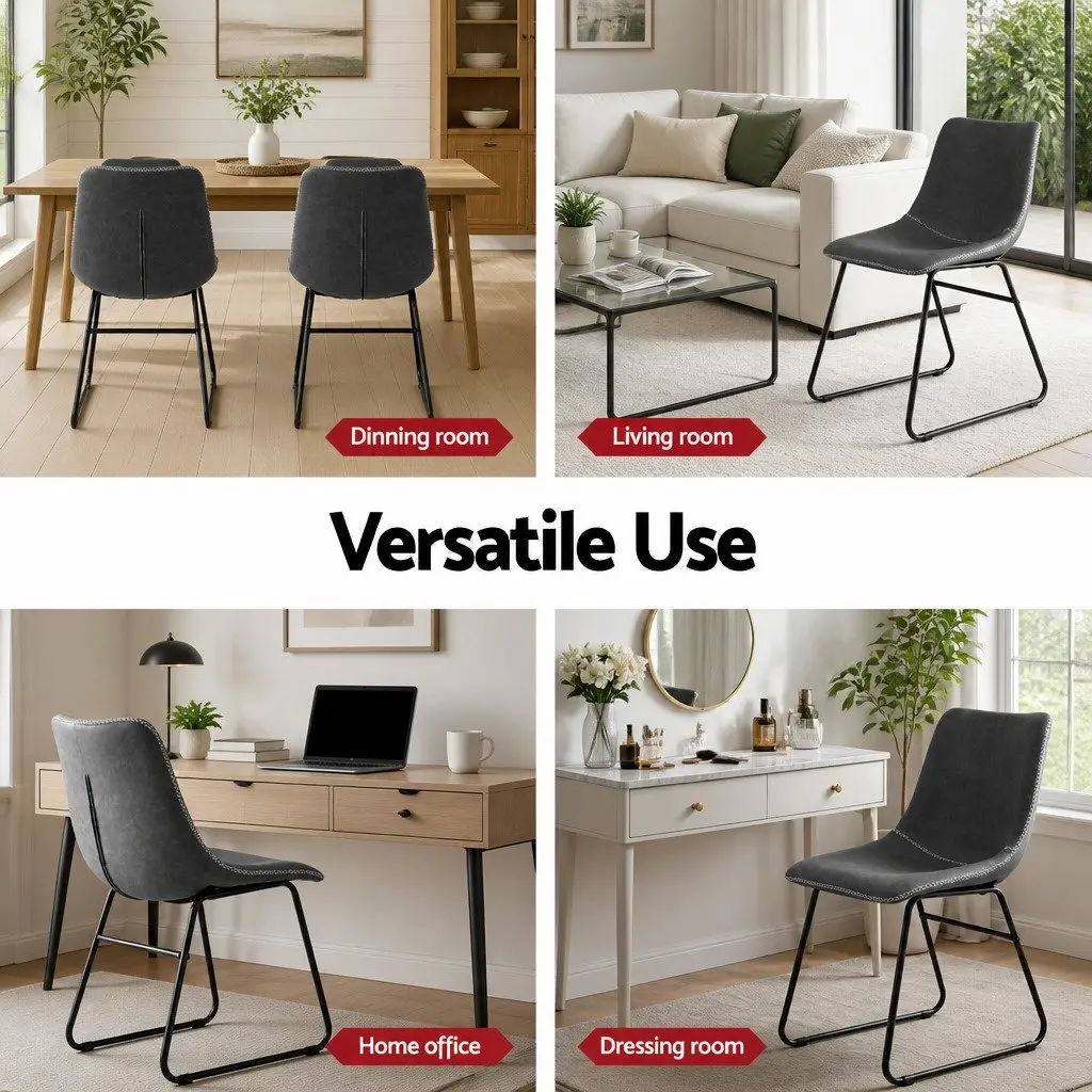 Dining Chairs Grey PU Leather Ergonomic Curved Backrest Padded Seat 2 Piece Set