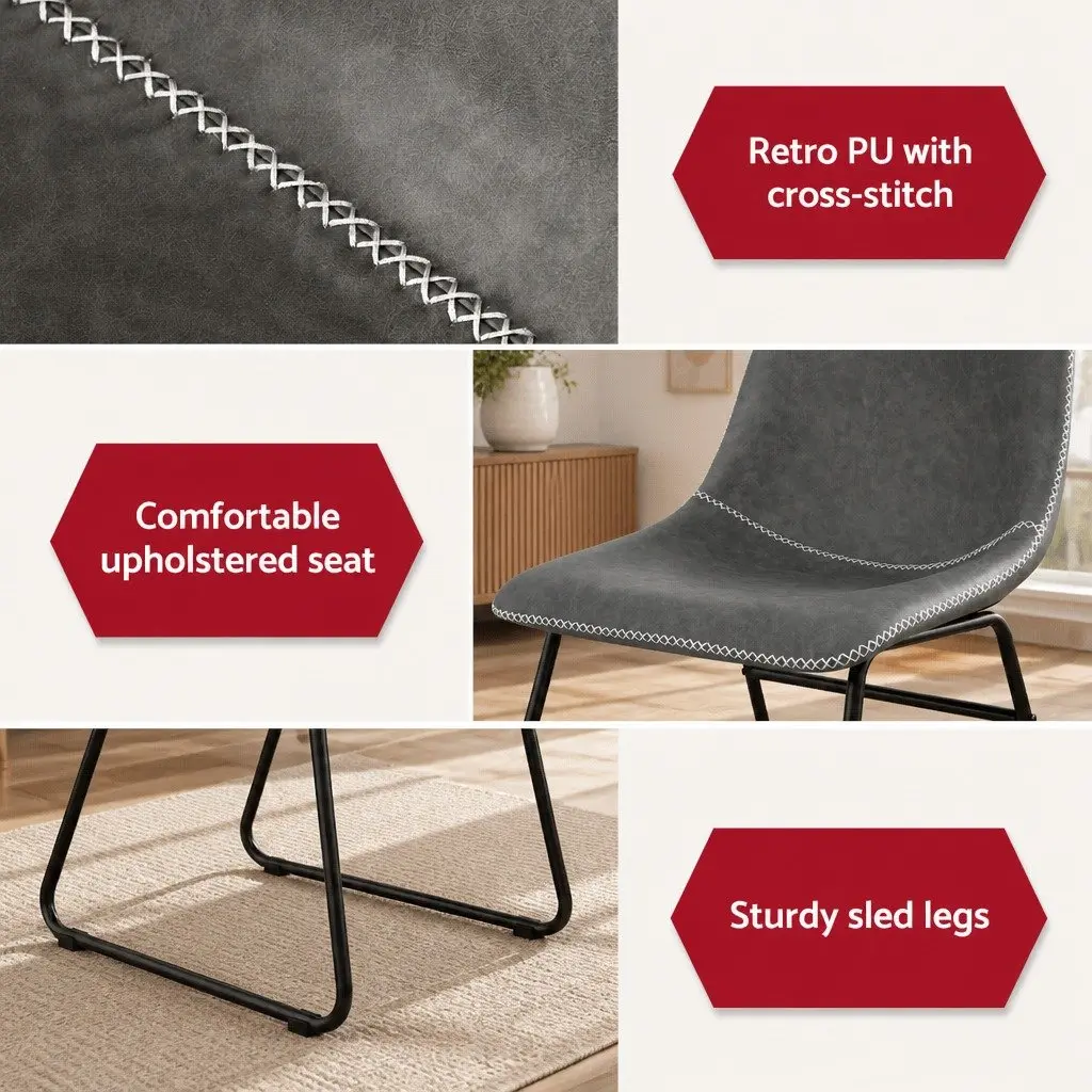 Dining Chairs Grey PU Leather Ergonomic Curved Backrest Padded Seat 2 Piece Set