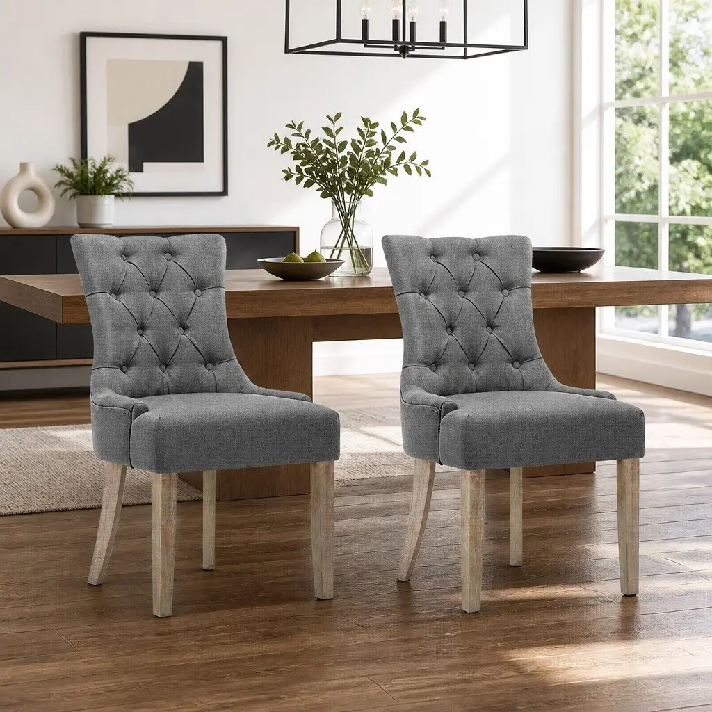 Dining Chairs Grey Linen Upholstered Tufted Button Set of 2