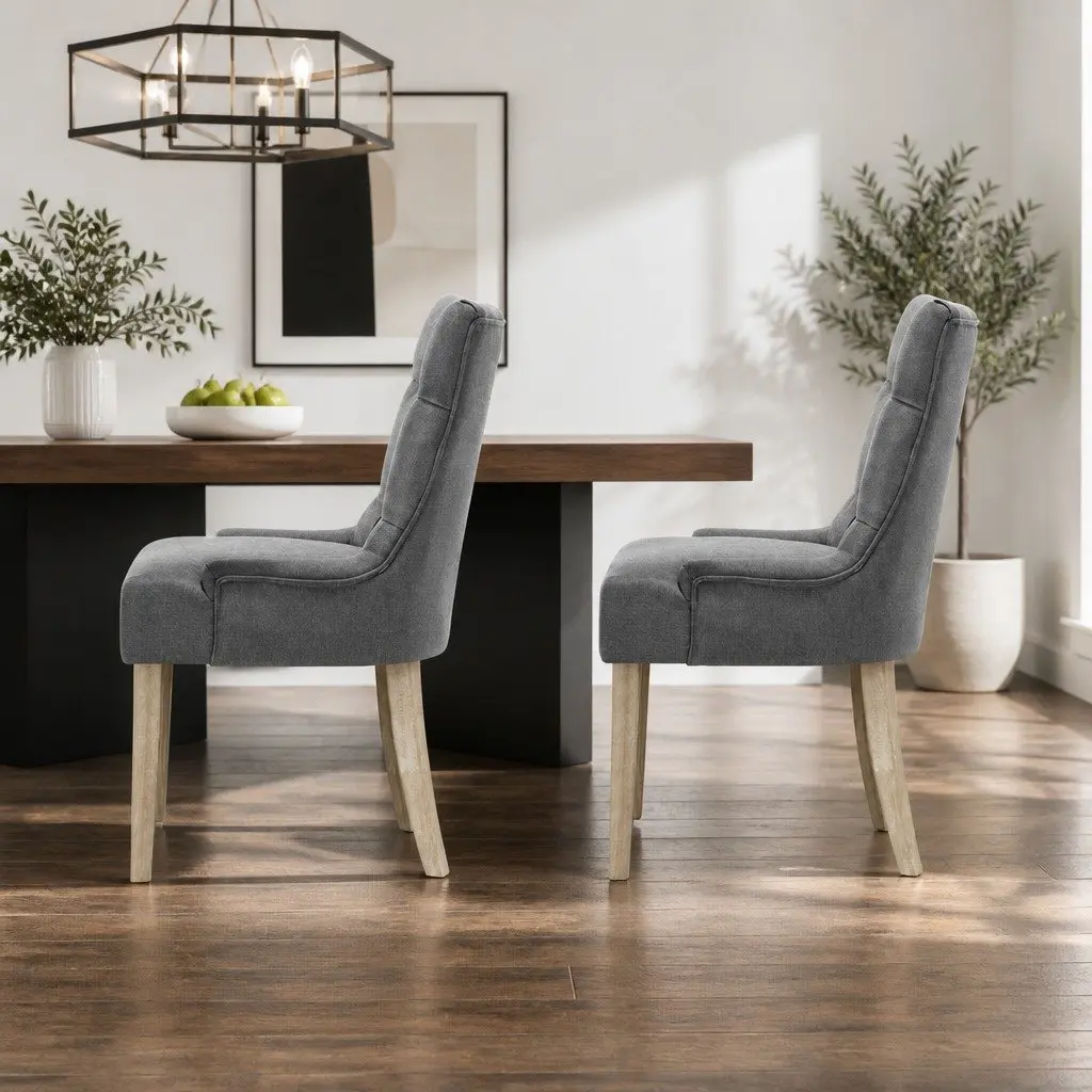 Dining Chairs Grey Linen Upholstered Tufted Button Set of 2